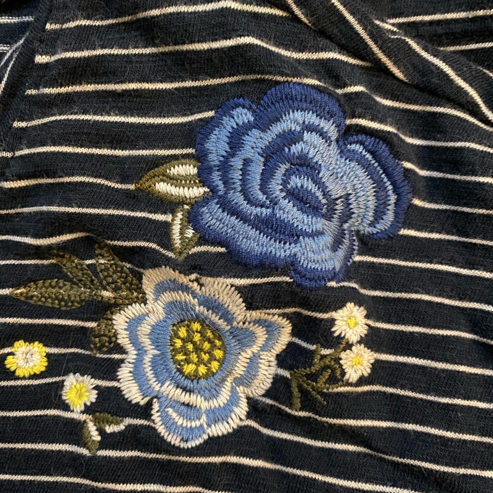 XS Hollister Navy and White Striped Bell-sleeved Blouse with Embroidered Details